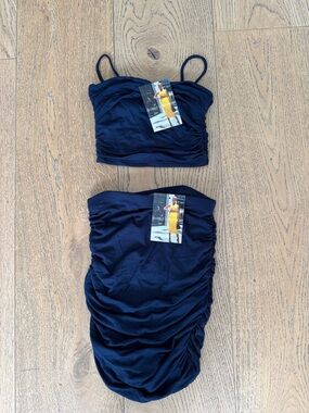 naked wardrobe Navy Two-Piece Ruched Crop Top & Skirt Set